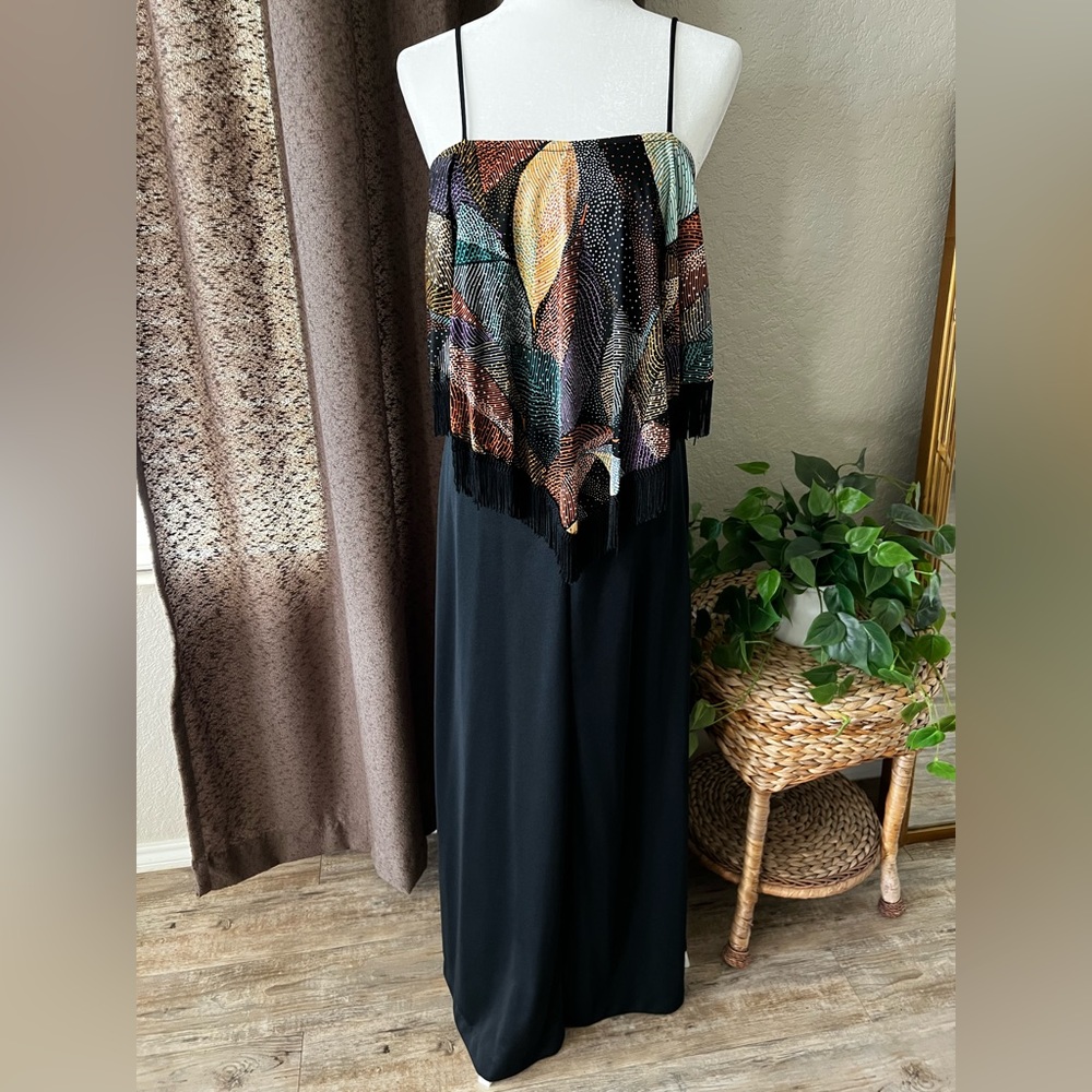 Vintage Black Maxi Dress with Multicolor Leaf Print Overlay